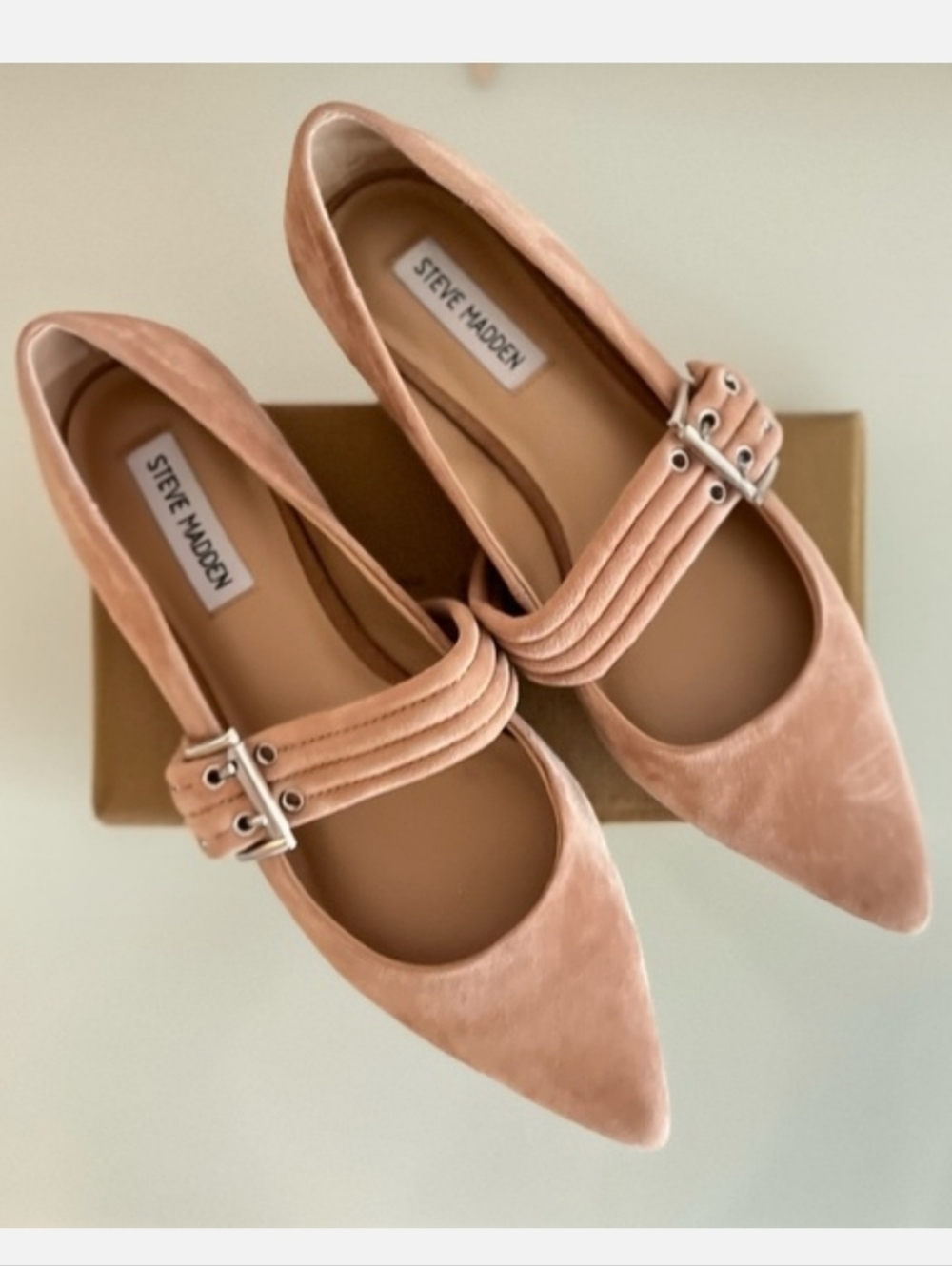 Steve Madden Tan Suede Pointed Mary Jane Buckle Flats - Size 7.5